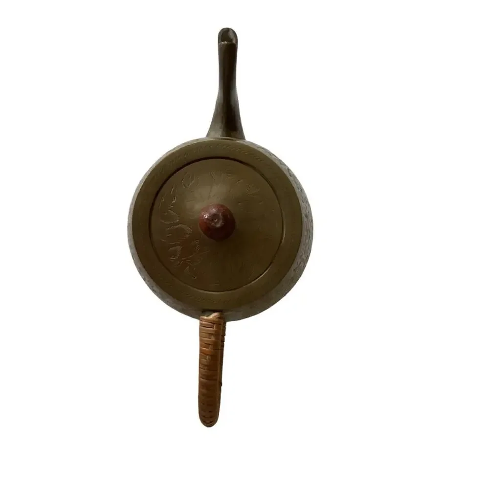 Etched Brass Vintage Teapot Woven Wrap Handle India Marked